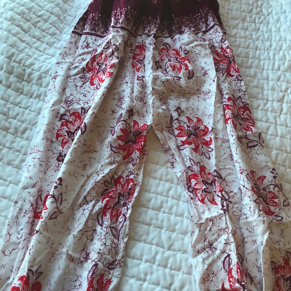 tribal tropical floral red / pink cotton pants